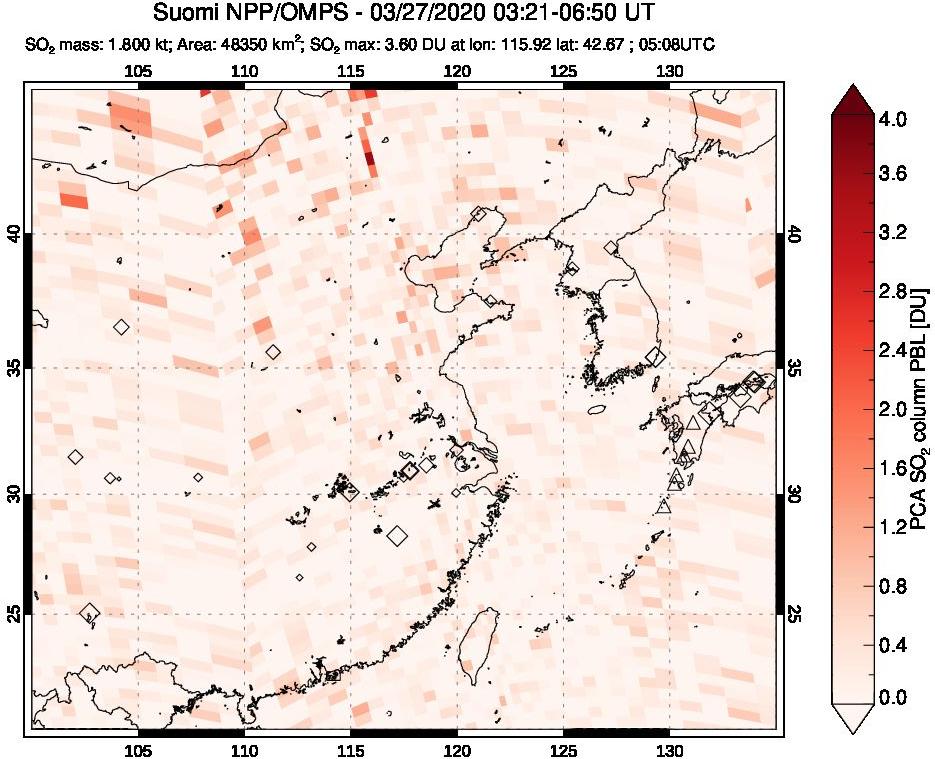 A sulfur dioxide image over Eastern China on Mar 27, 2020.