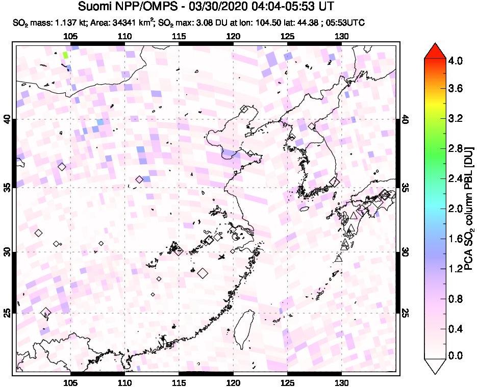 A sulfur dioxide image over Eastern China on Mar 30, 2020.