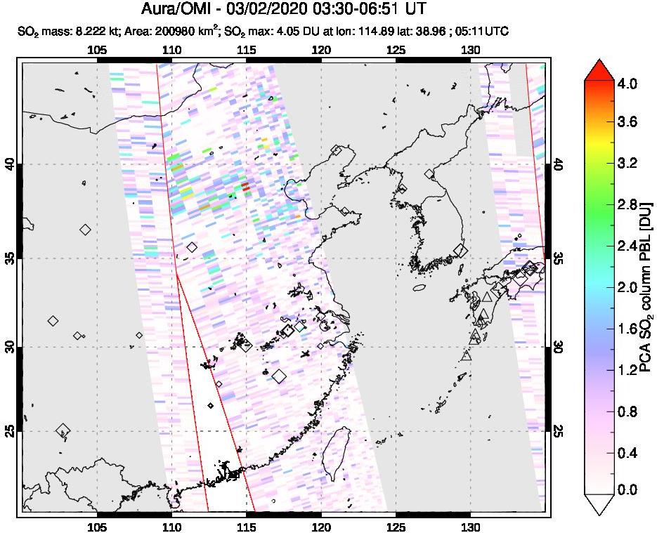 A sulfur dioxide image over Eastern China on Mar 02, 2020.