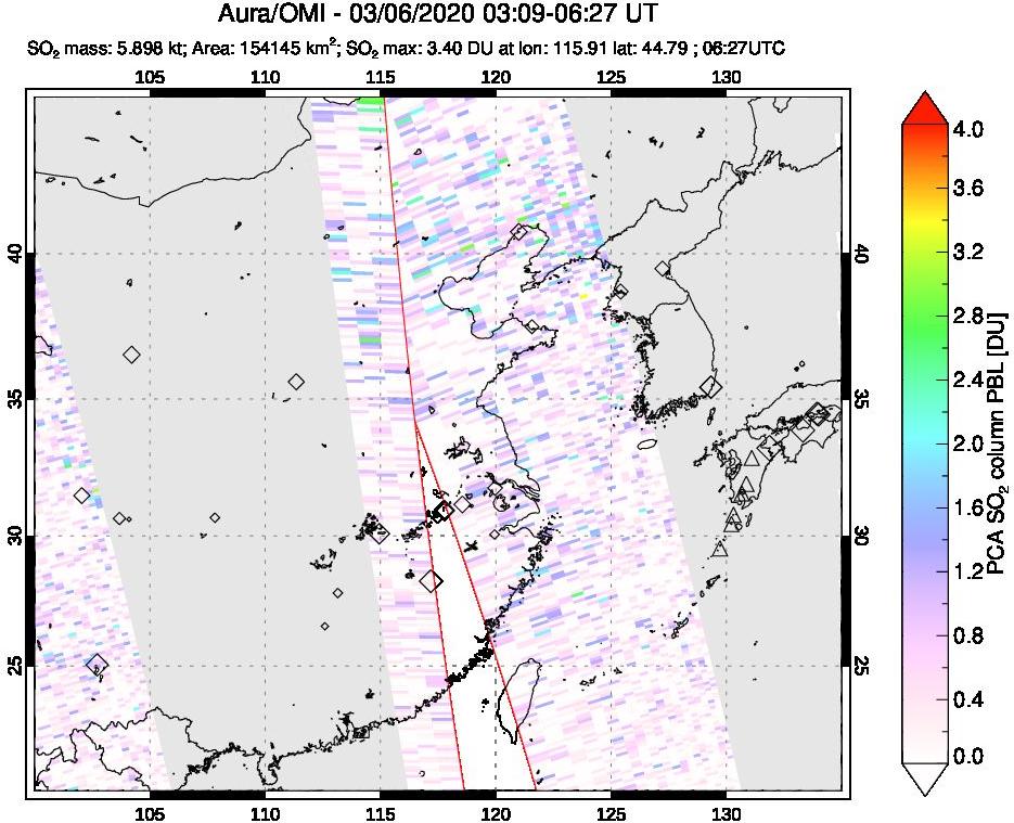 A sulfur dioxide image over Eastern China on Mar 06, 2020.