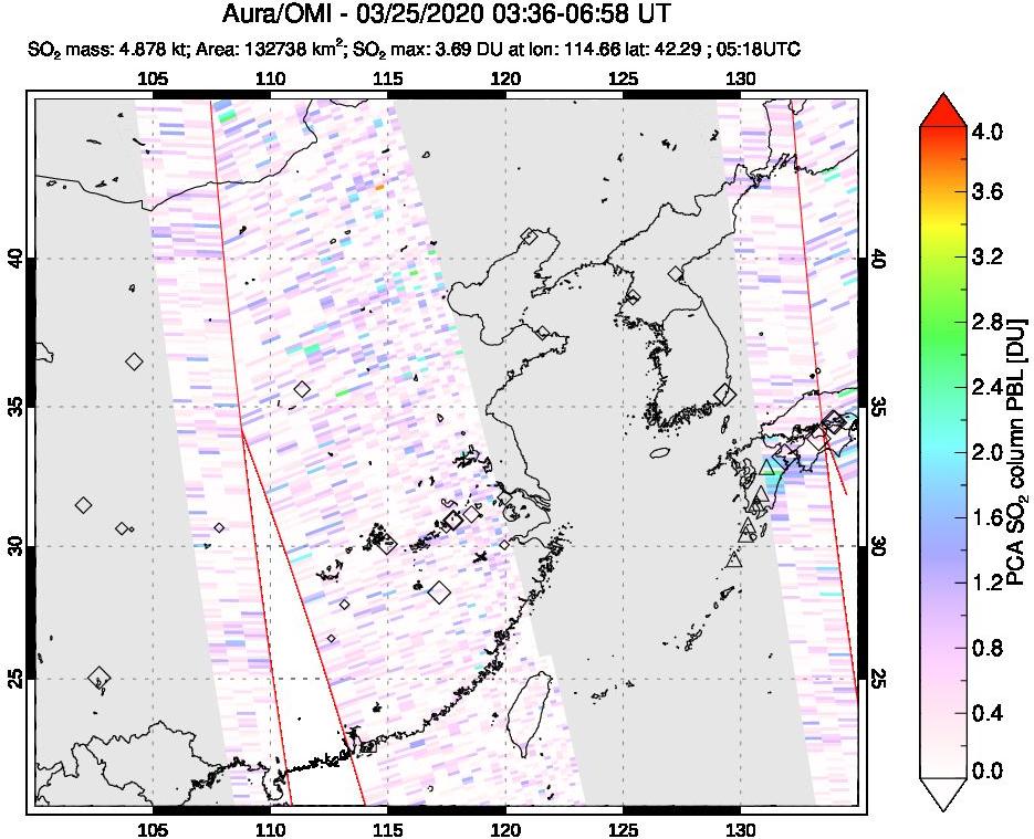 A sulfur dioxide image over Eastern China on Mar 25, 2020.