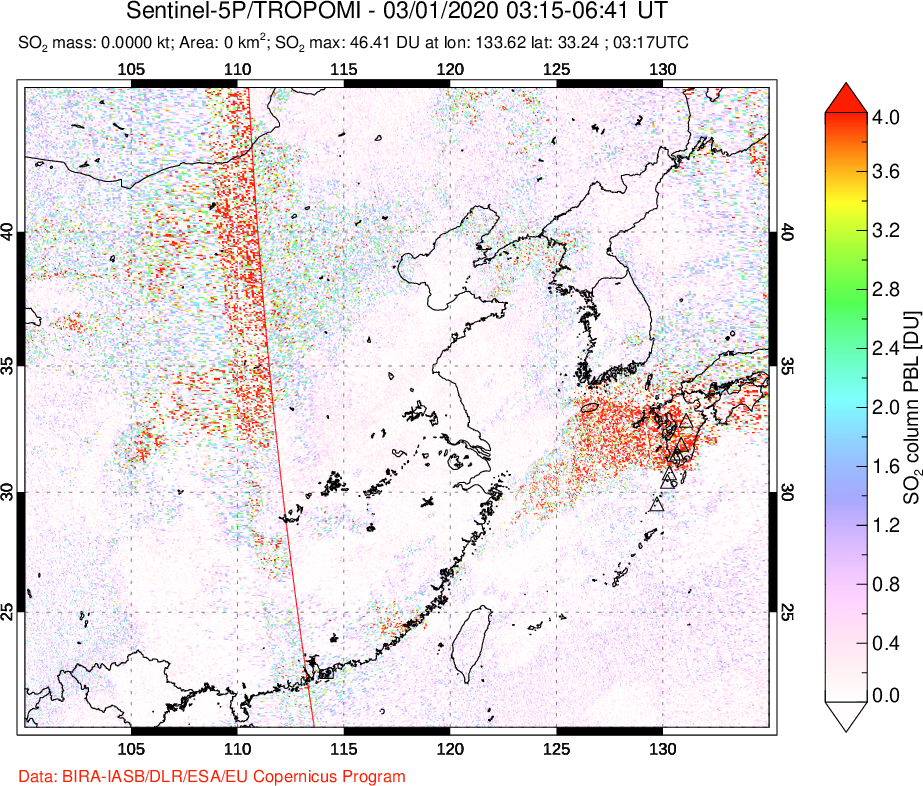 A sulfur dioxide image over Eastern China on Mar 01, 2020.