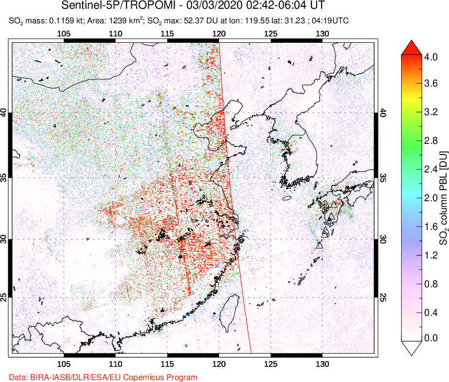 A sulfur dioxide image over Eastern China on Mar 03, 2020.