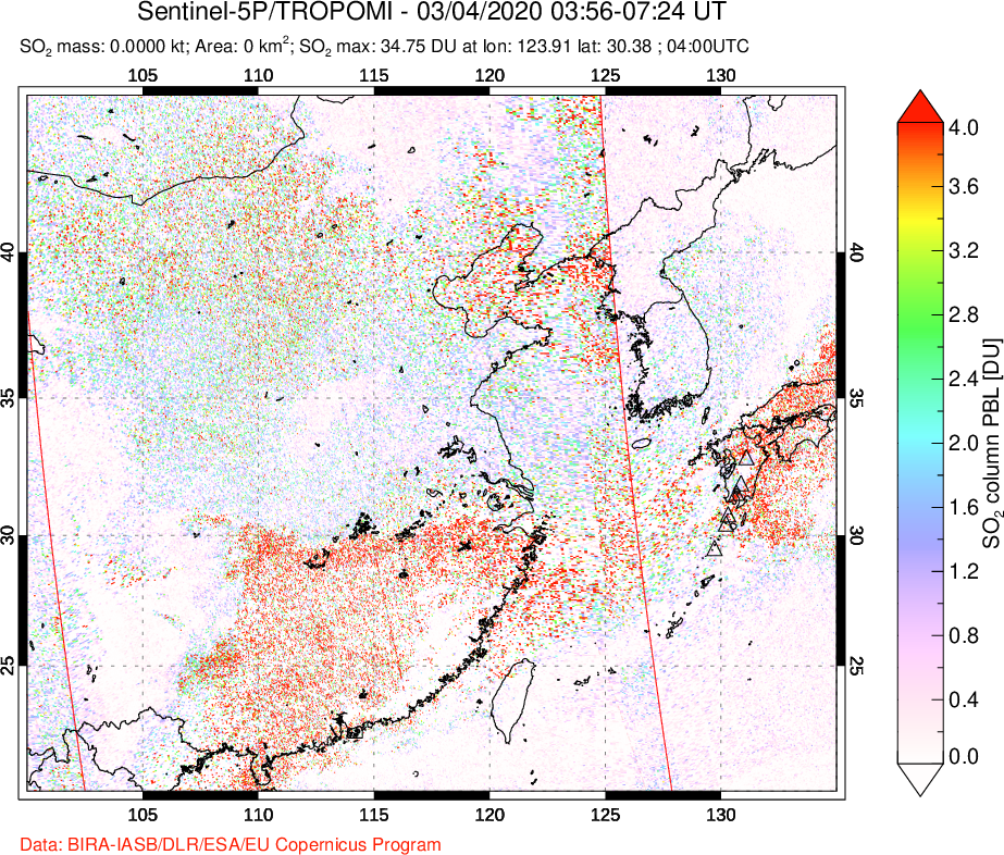 A sulfur dioxide image over Eastern China on Mar 04, 2020.