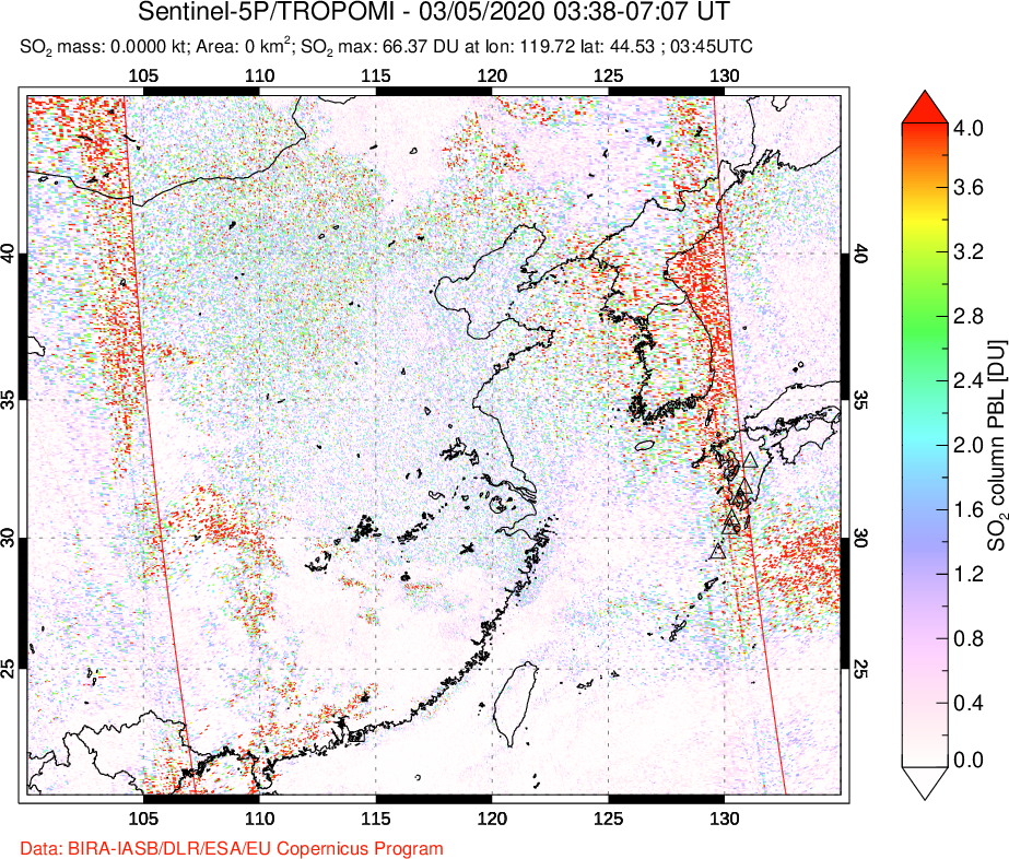 A sulfur dioxide image over Eastern China on Mar 05, 2020.