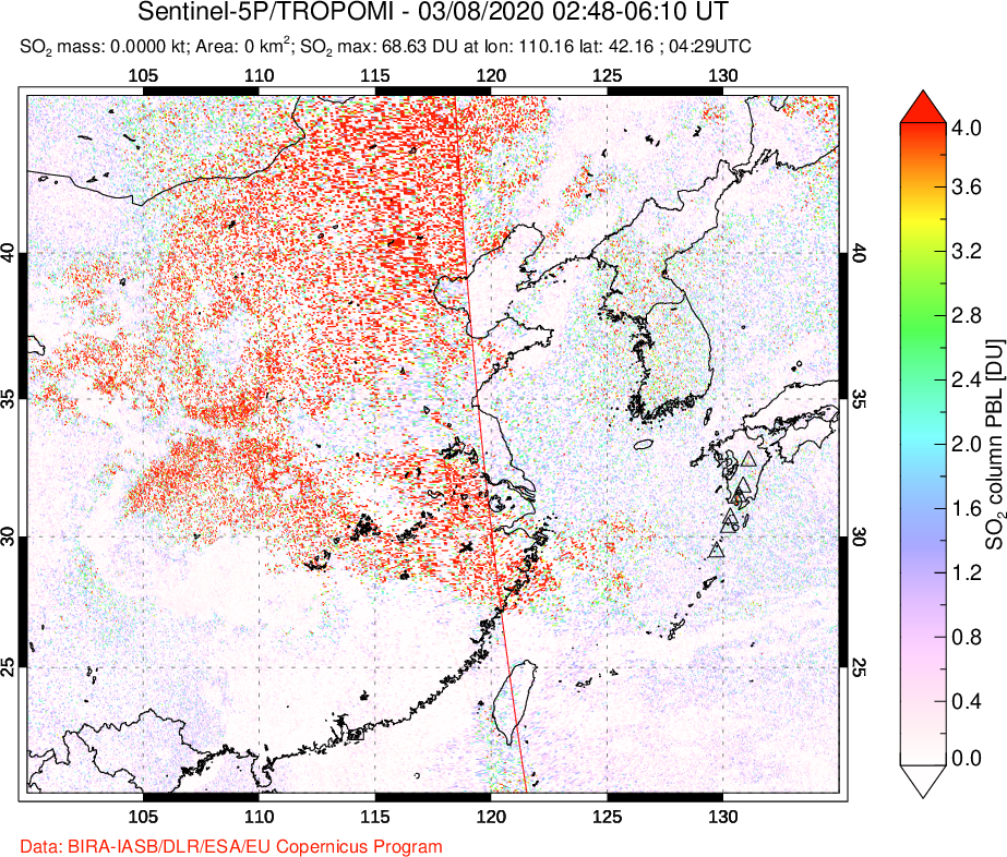 A sulfur dioxide image over Eastern China on Mar 08, 2020.