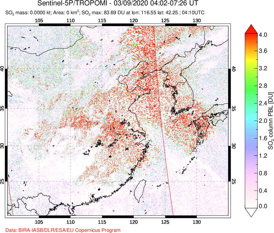 A sulfur dioxide image over Eastern China on Mar 09, 2020.