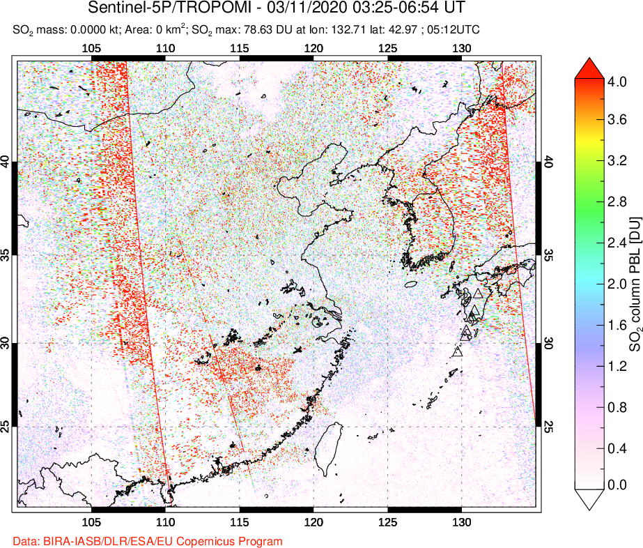 A sulfur dioxide image over Eastern China on Mar 11, 2020.