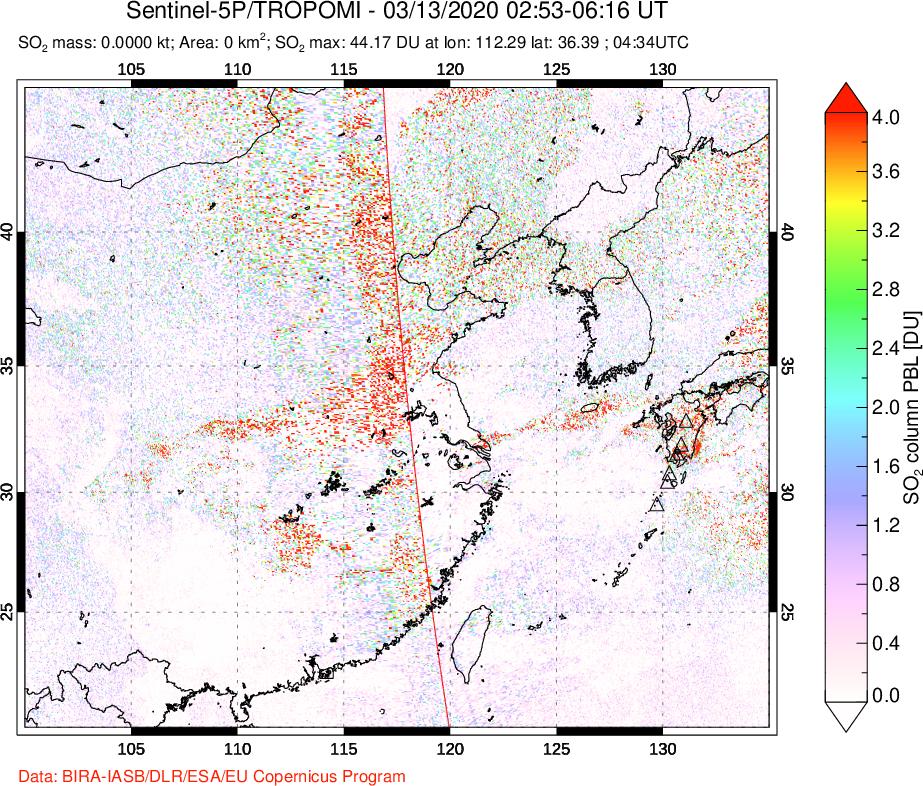 A sulfur dioxide image over Eastern China on Mar 13, 2020.