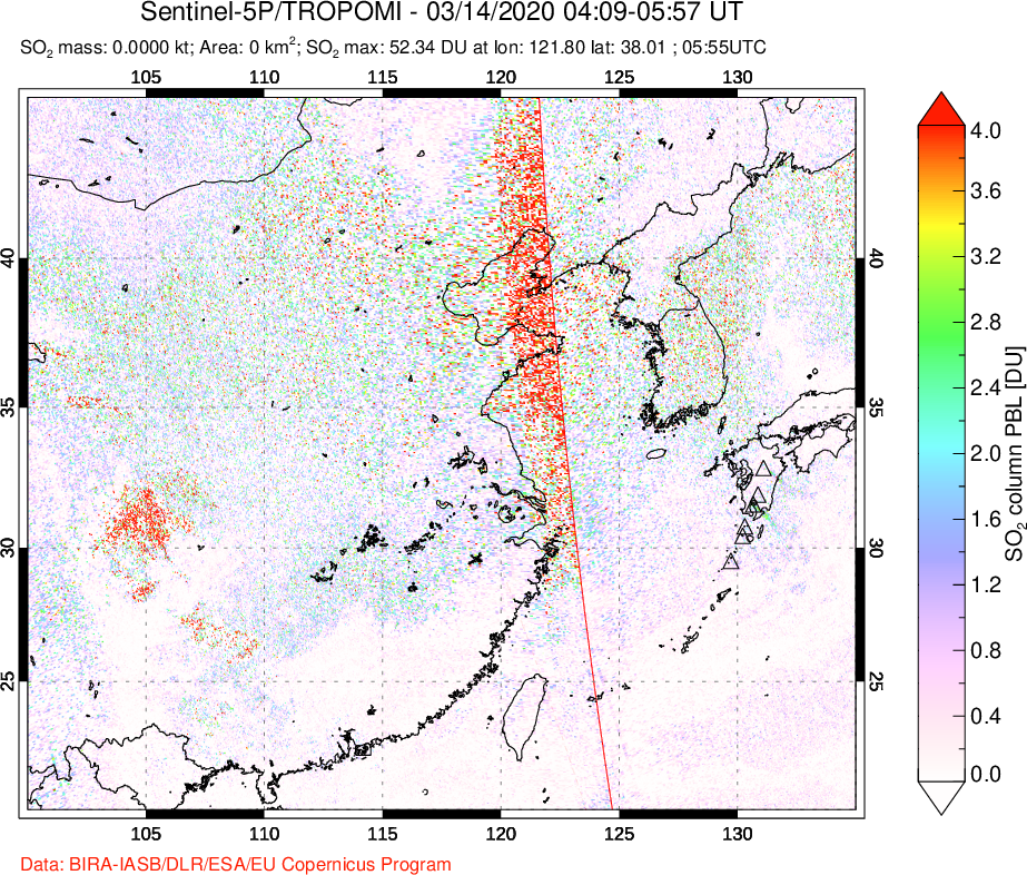 A sulfur dioxide image over Eastern China on Mar 14, 2020.
