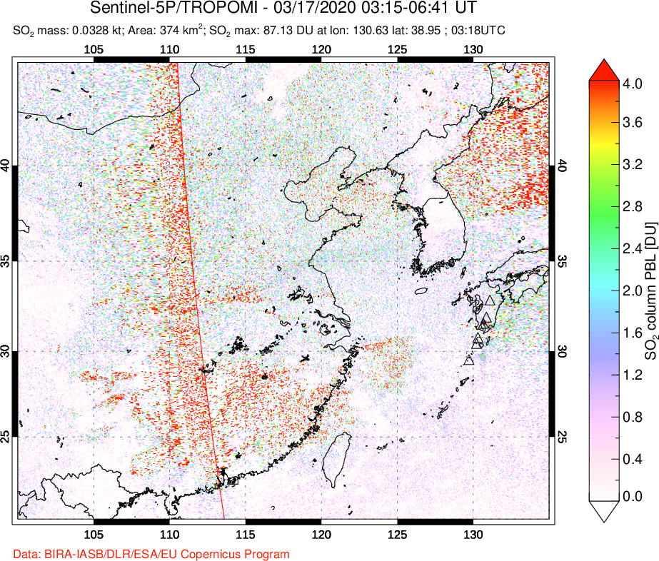 A sulfur dioxide image over Eastern China on Mar 17, 2020.