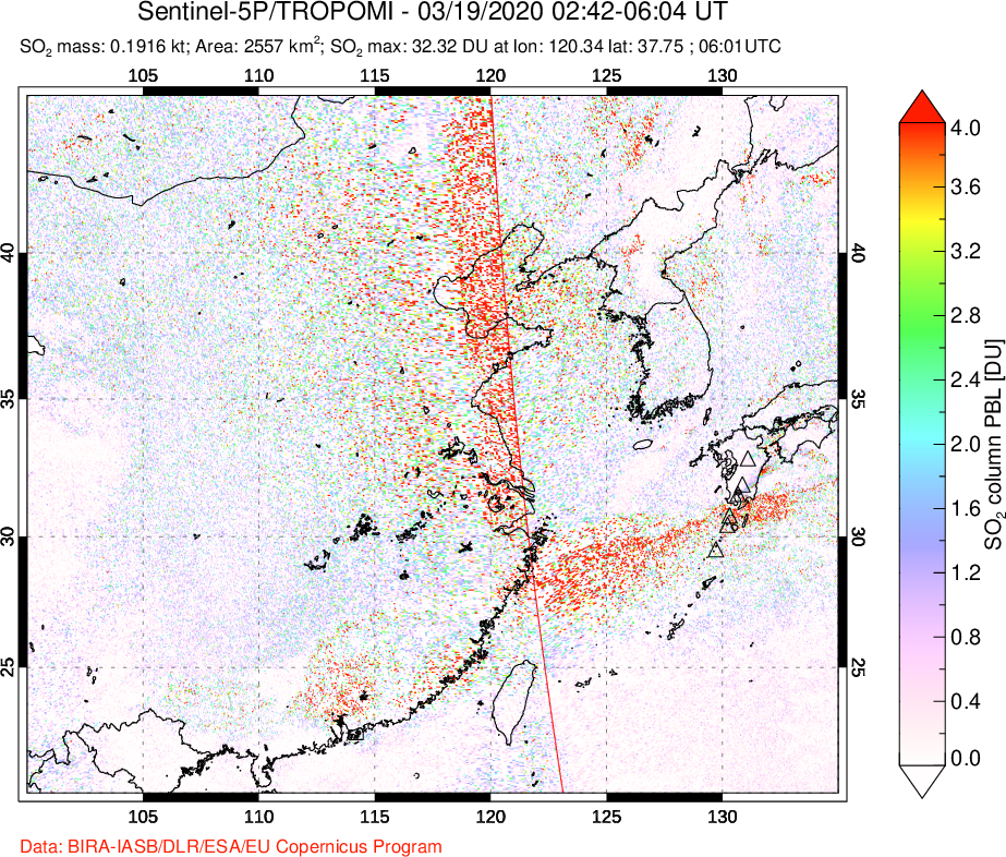 A sulfur dioxide image over Eastern China on Mar 19, 2020.