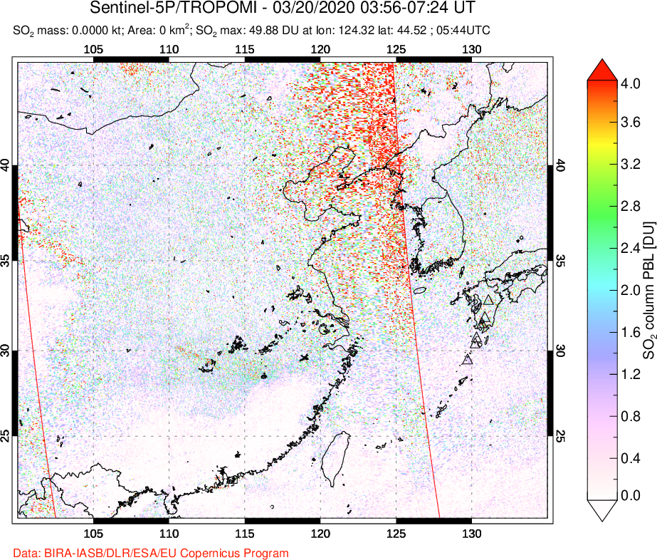 A sulfur dioxide image over Eastern China on Mar 20, 2020.