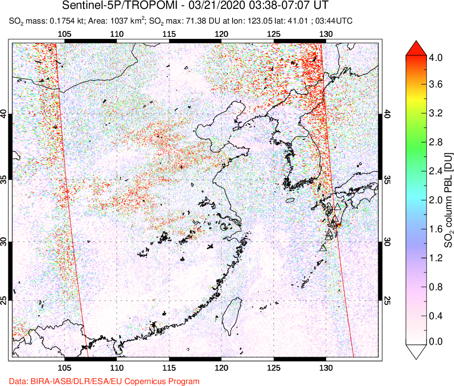 A sulfur dioxide image over Eastern China on Mar 21, 2020.