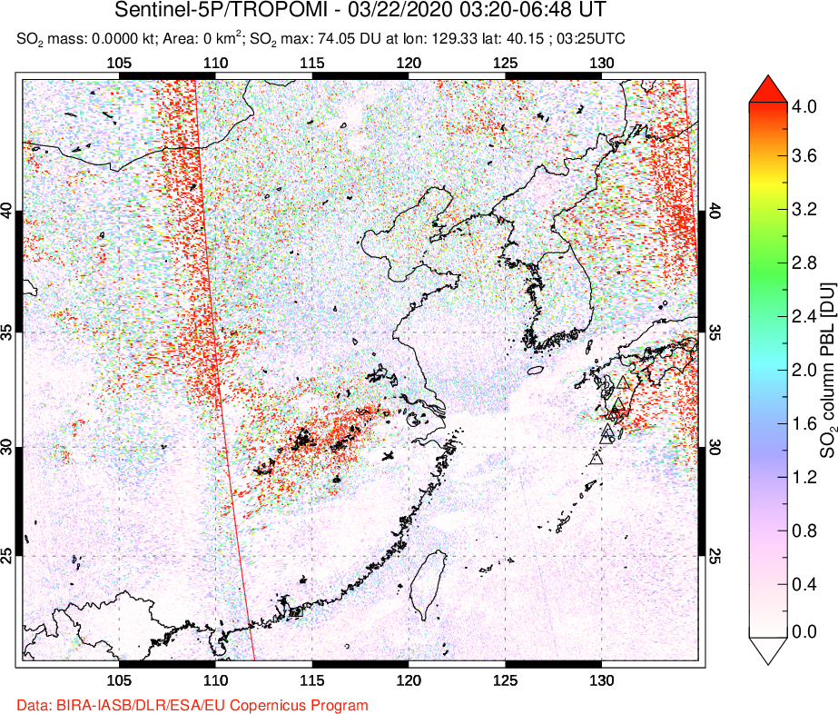 A sulfur dioxide image over Eastern China on Mar 22, 2020.