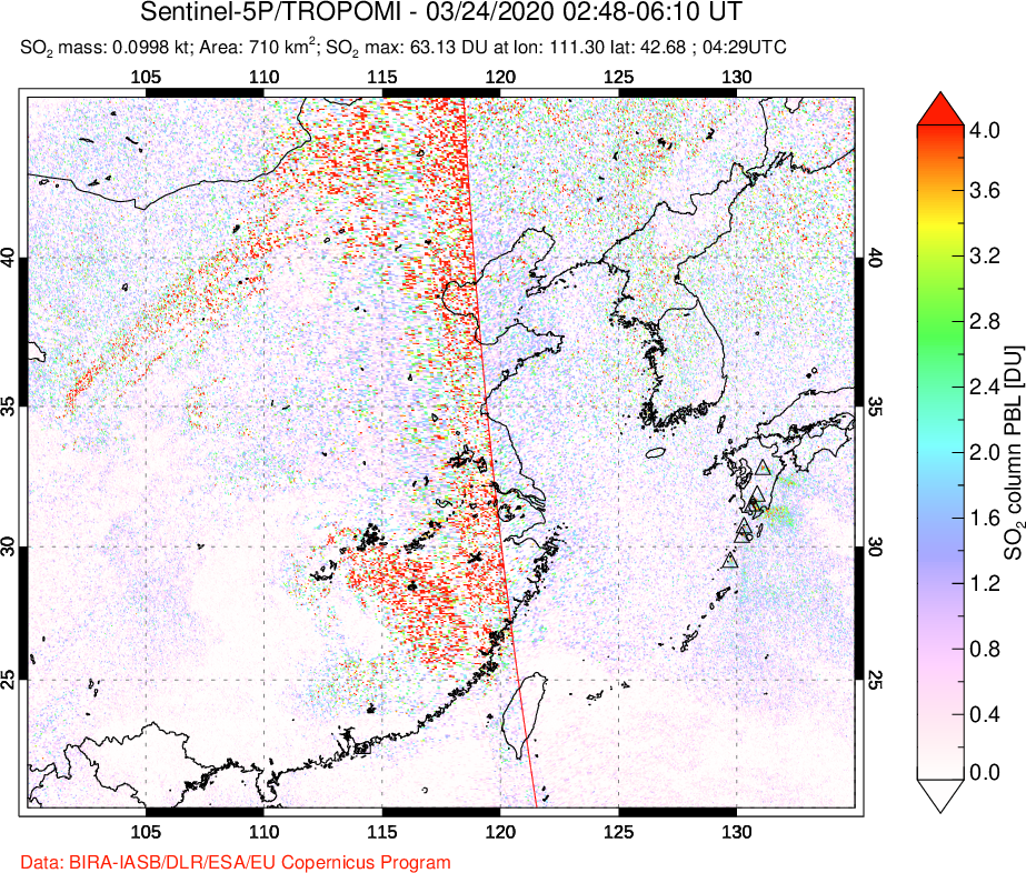 A sulfur dioxide image over Eastern China on Mar 24, 2020.