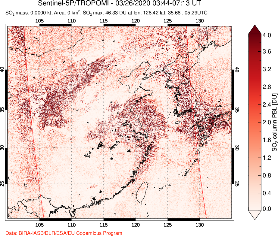 A sulfur dioxide image over Eastern China on Mar 26, 2020.