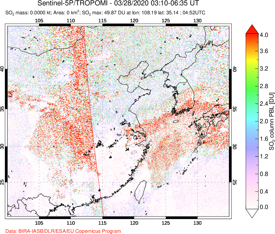 A sulfur dioxide image over Eastern China on Mar 28, 2020.