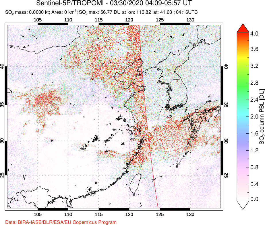 A sulfur dioxide image over Eastern China on Mar 30, 2020.
