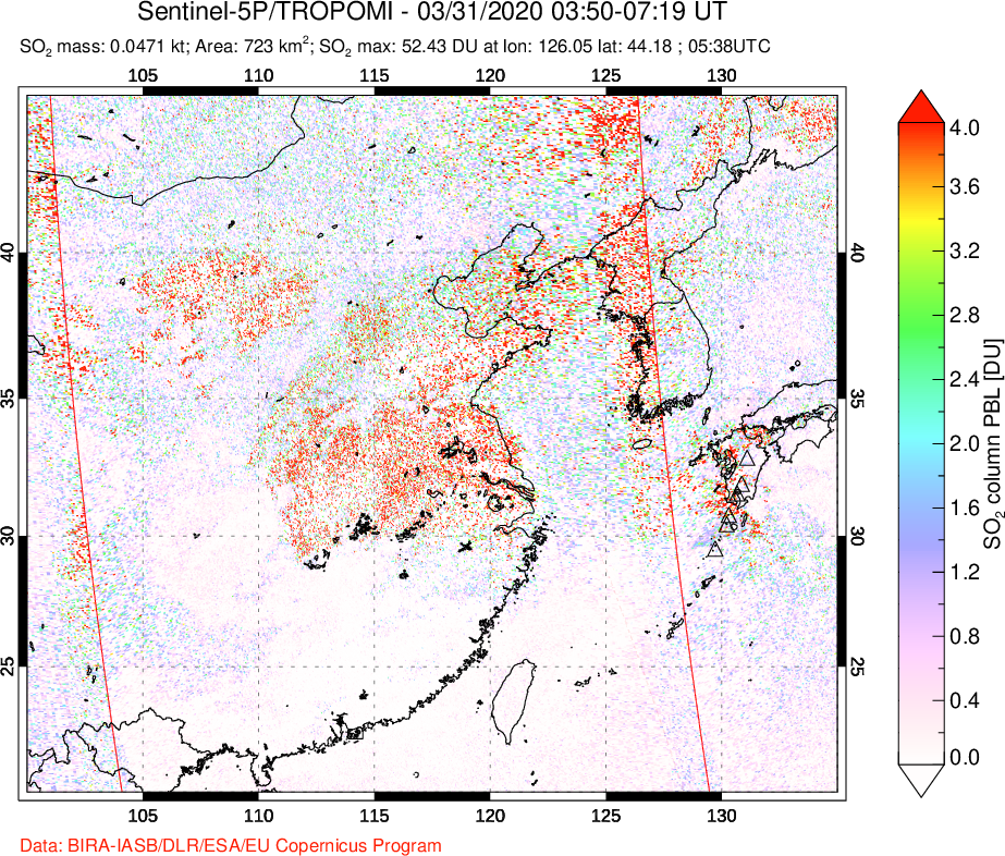 A sulfur dioxide image over Eastern China on Mar 31, 2020.