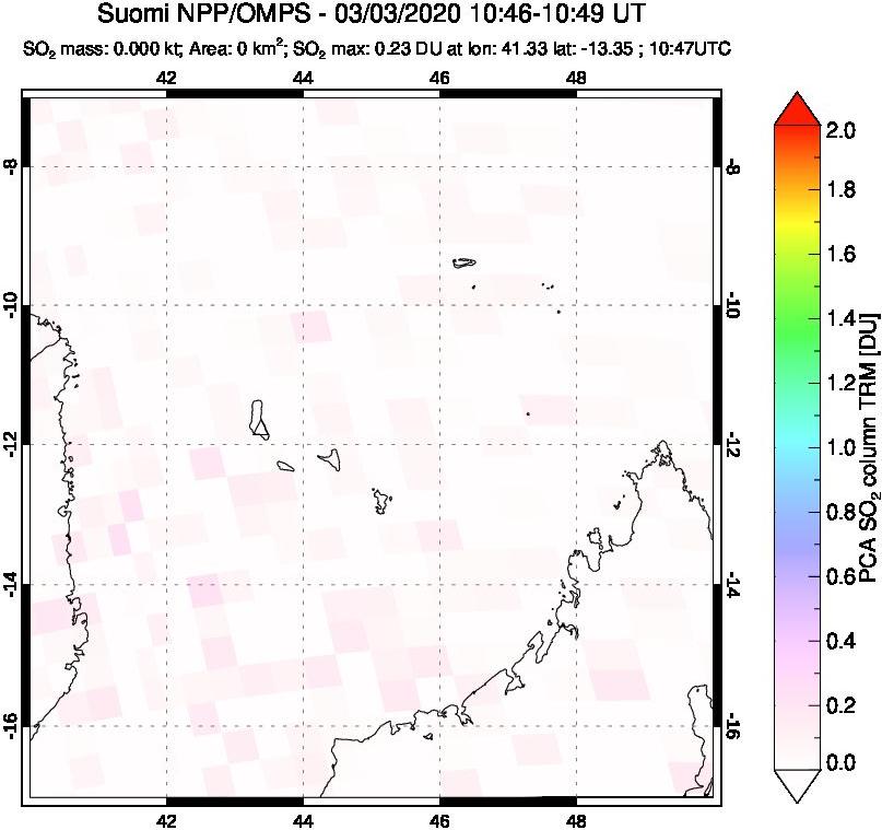A sulfur dioxide image over Comoro Islands on Mar 03, 2020.