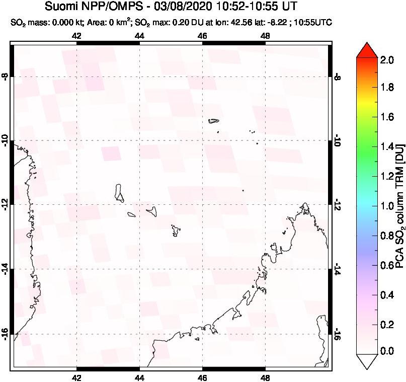 A sulfur dioxide image over Comoro Islands on Mar 08, 2020.