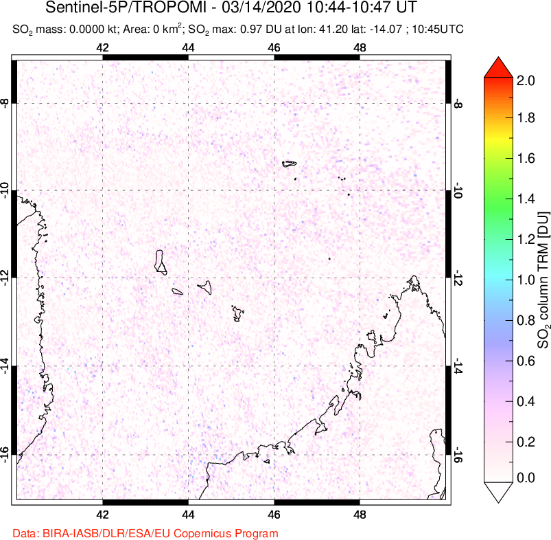 A sulfur dioxide image over Comoro Islands on Mar 14, 2020.