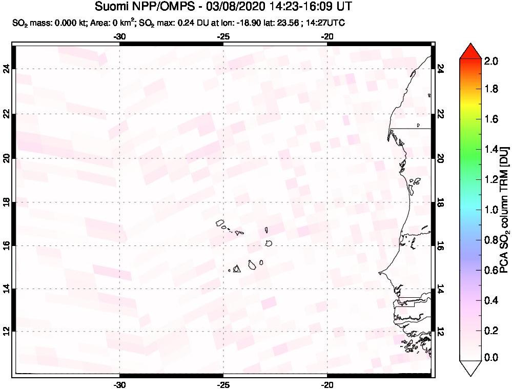 A sulfur dioxide image over Cape Verde Islands on Mar 08, 2020.