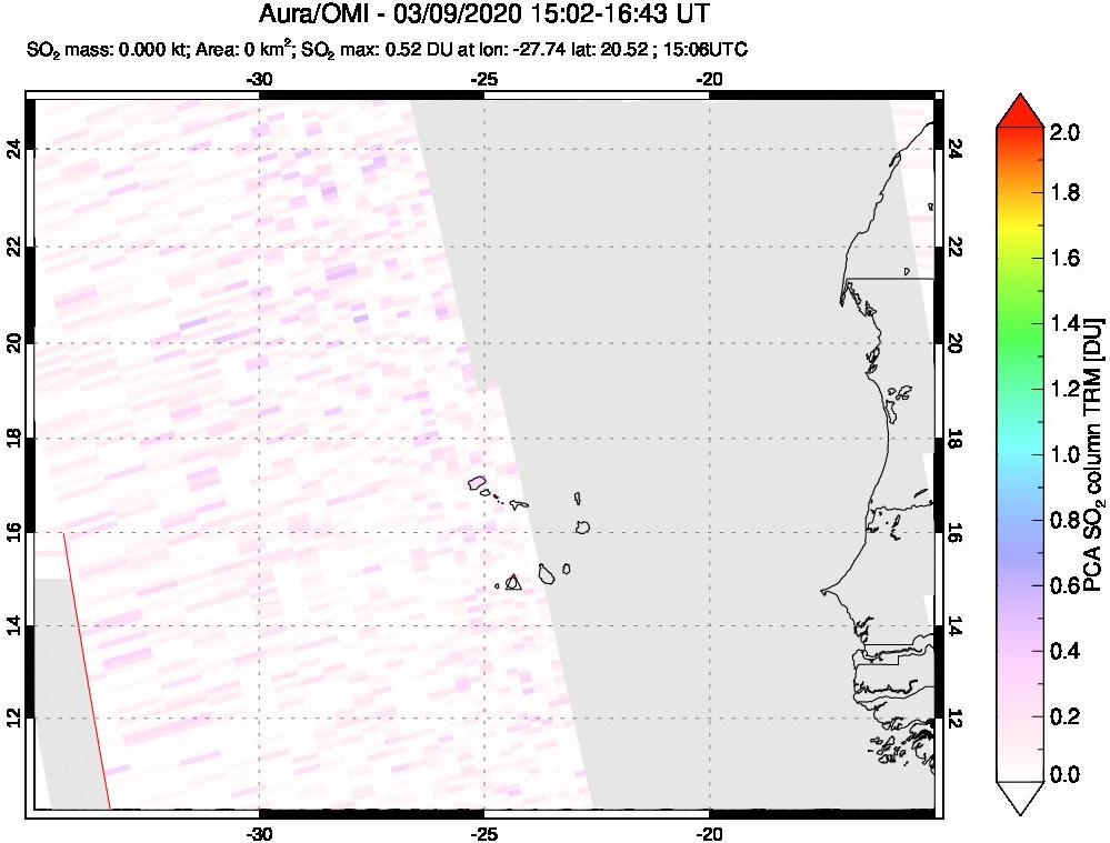 A sulfur dioxide image over Cape Verde Islands on Mar 09, 2020.