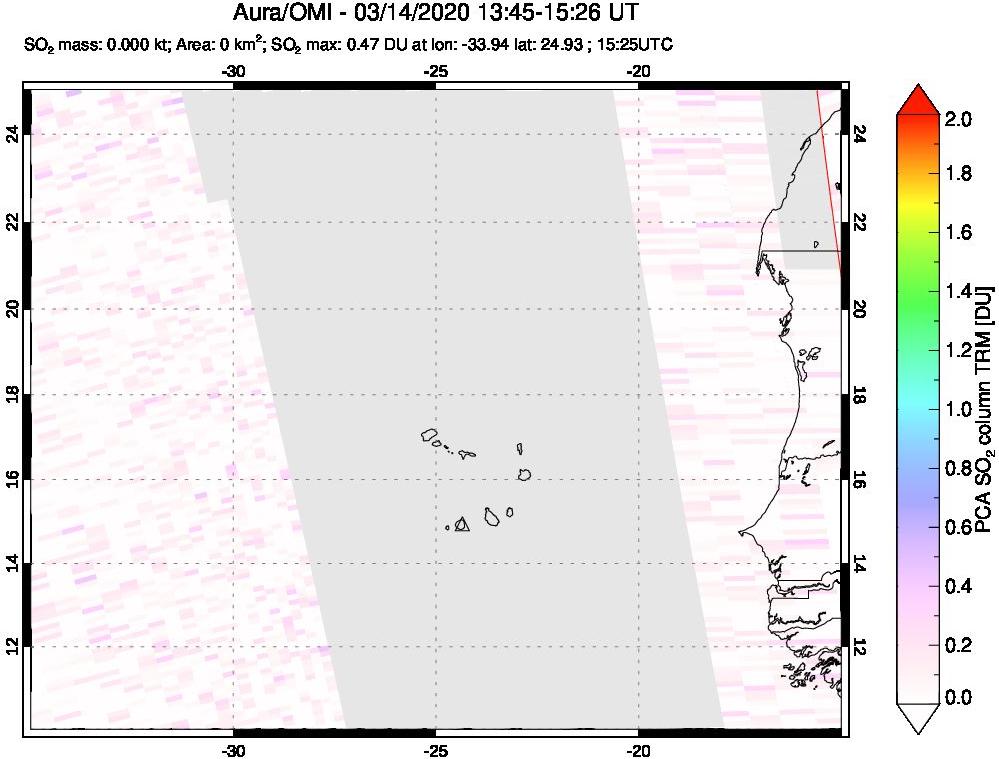 A sulfur dioxide image over Cape Verde Islands on Mar 14, 2020.