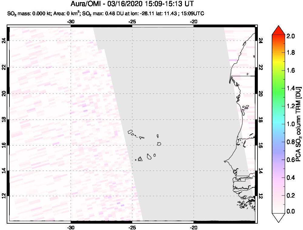 A sulfur dioxide image over Cape Verde Islands on Mar 16, 2020.