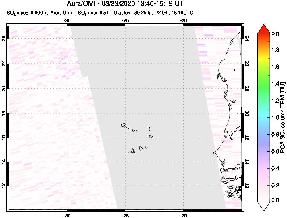 A sulfur dioxide image over Cape Verde Islands on Mar 23, 2020.