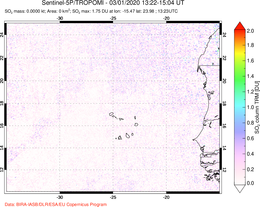 A sulfur dioxide image over Cape Verde Islands on Mar 01, 2020.