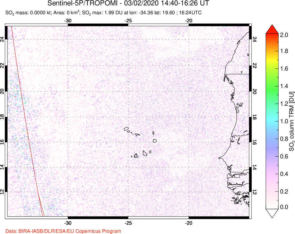 A sulfur dioxide image over Cape Verde Islands on Mar 02, 2020.