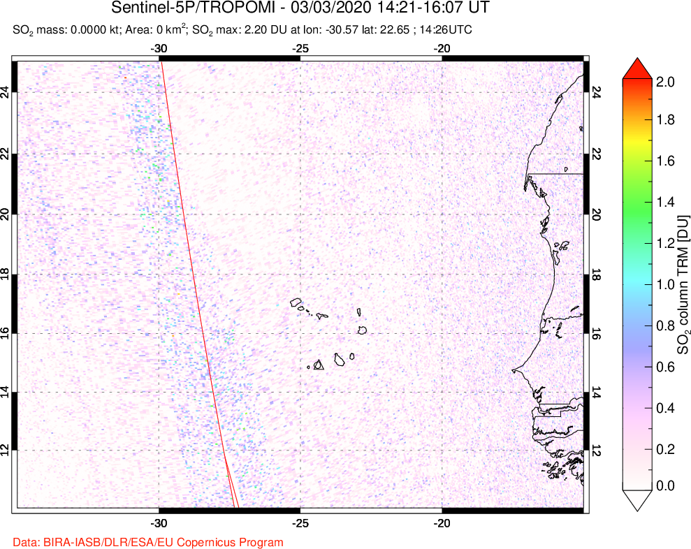 A sulfur dioxide image over Cape Verde Islands on Mar 03, 2020.