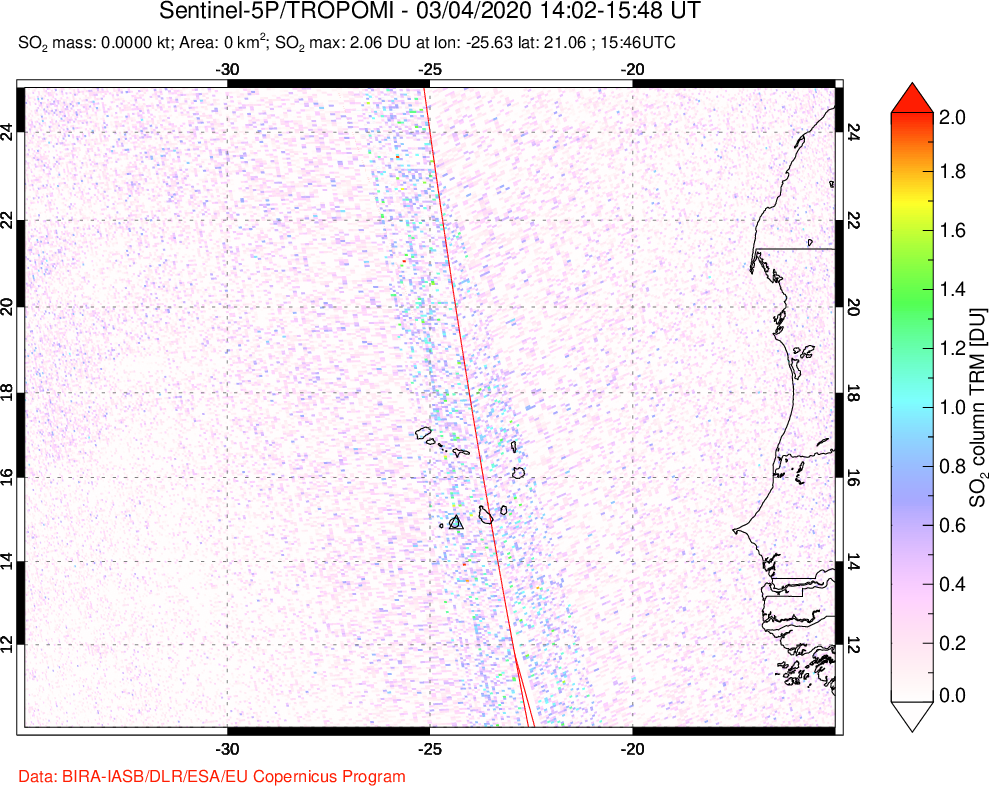 A sulfur dioxide image over Cape Verde Islands on Mar 04, 2020.