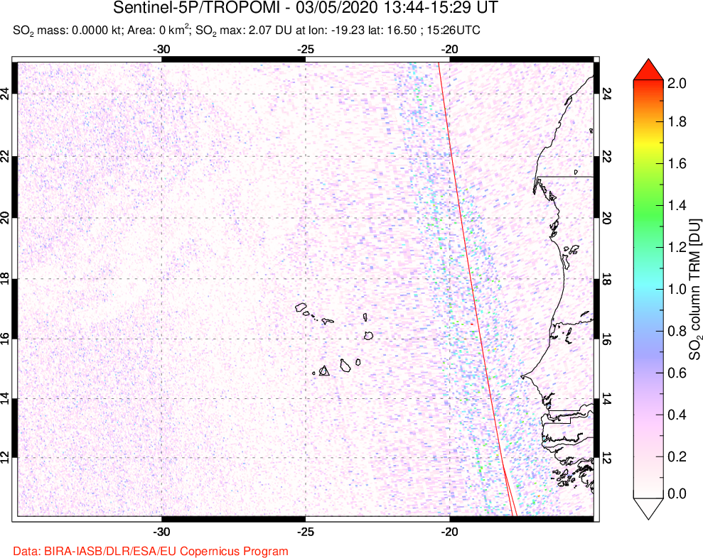 A sulfur dioxide image over Cape Verde Islands on Mar 05, 2020.
