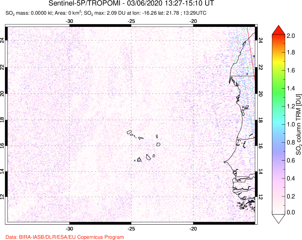 A sulfur dioxide image over Cape Verde Islands on Mar 06, 2020.