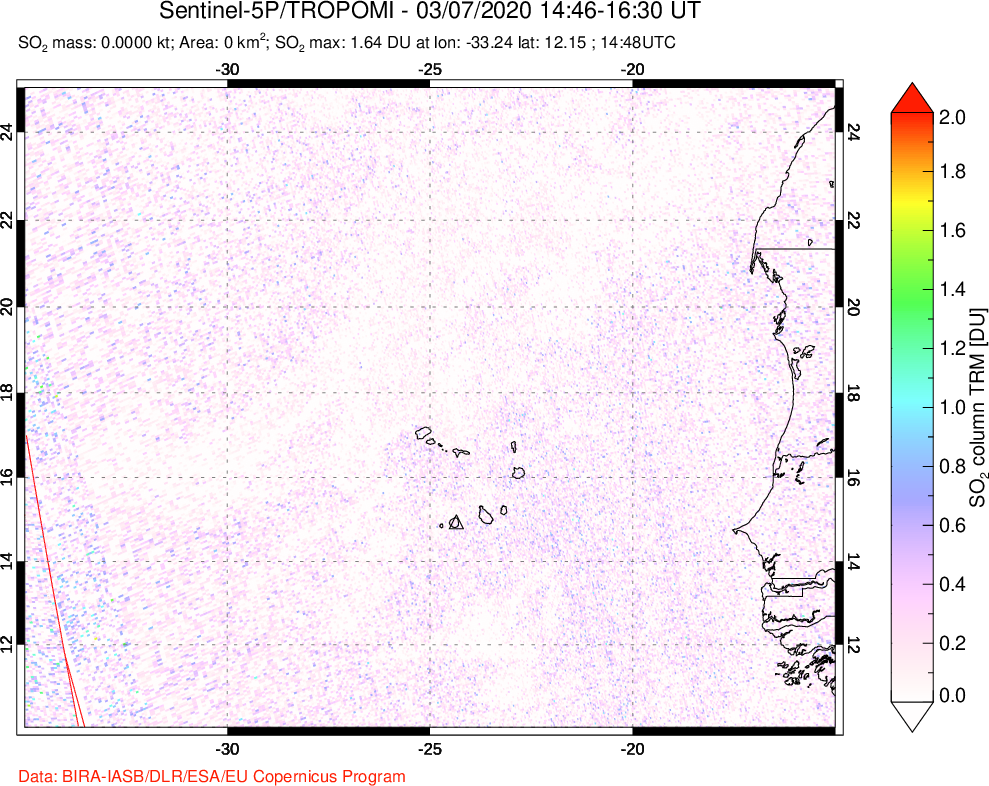 A sulfur dioxide image over Cape Verde Islands on Mar 07, 2020.