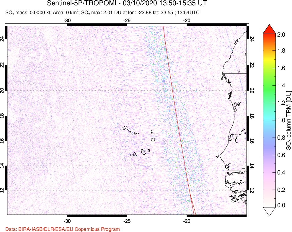 A sulfur dioxide image over Cape Verde Islands on Mar 10, 2020.
