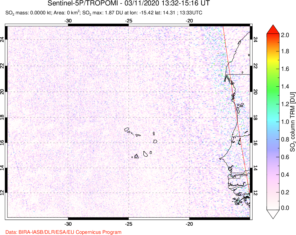 A sulfur dioxide image over Cape Verde Islands on Mar 11, 2020.