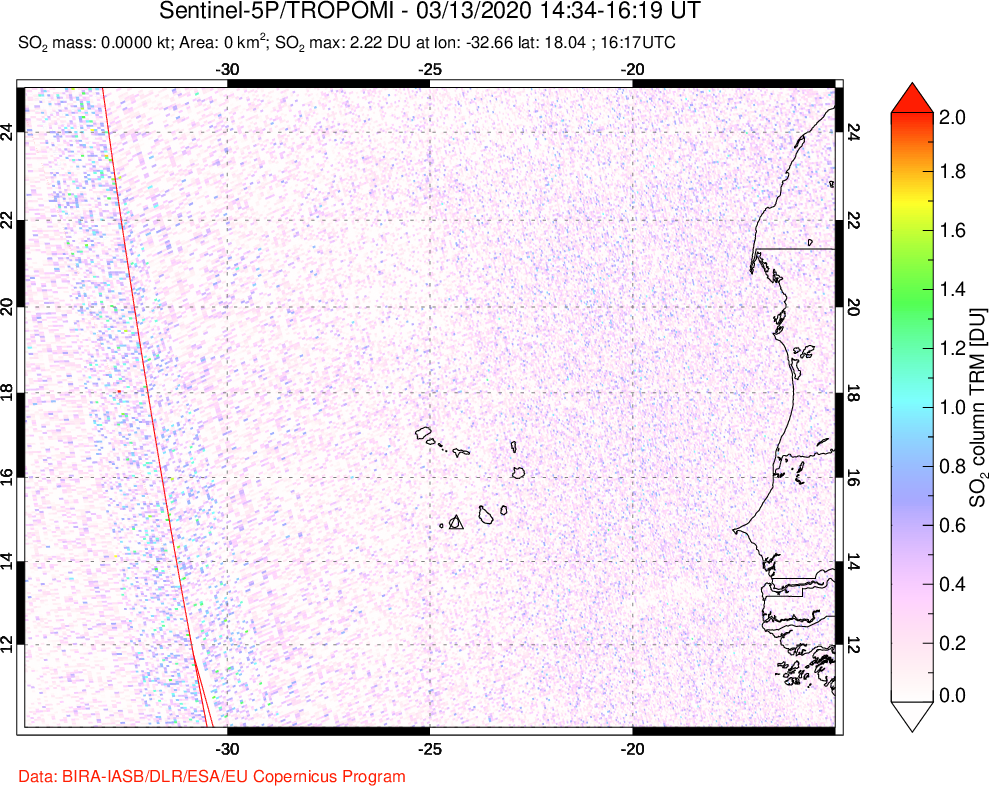 A sulfur dioxide image over Cape Verde Islands on Mar 13, 2020.