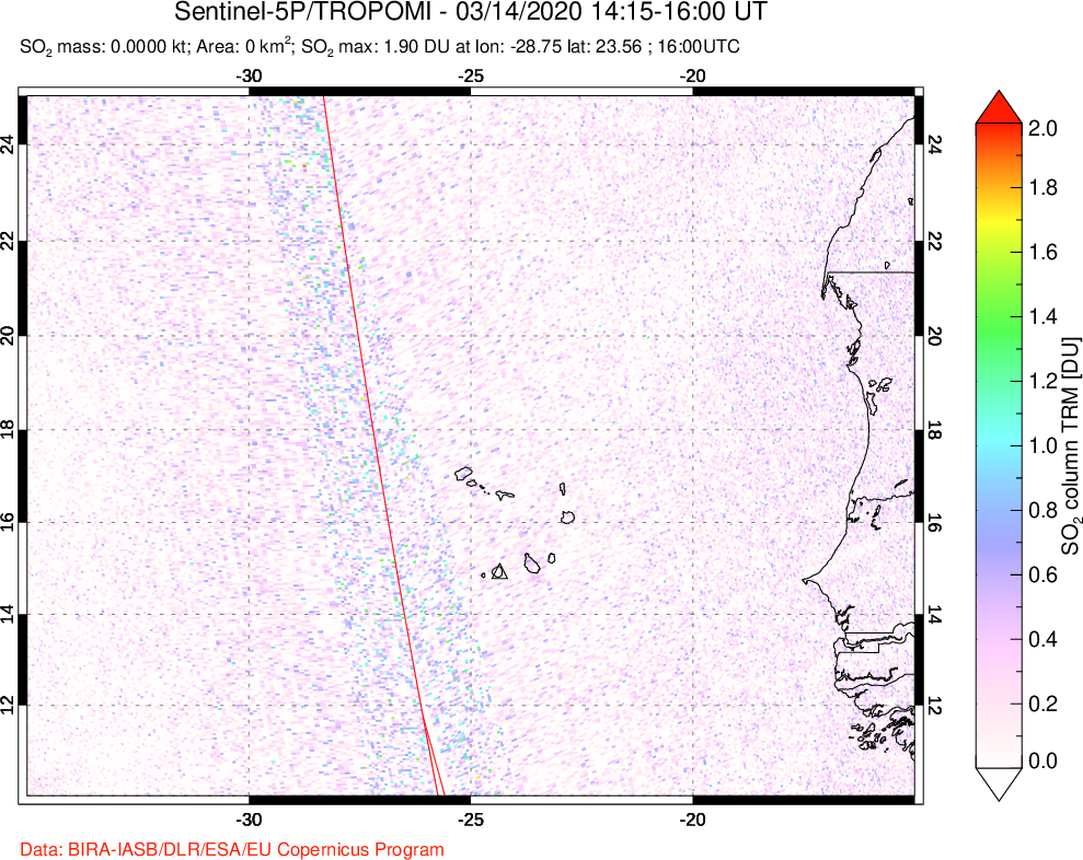 A sulfur dioxide image over Cape Verde Islands on Mar 14, 2020.