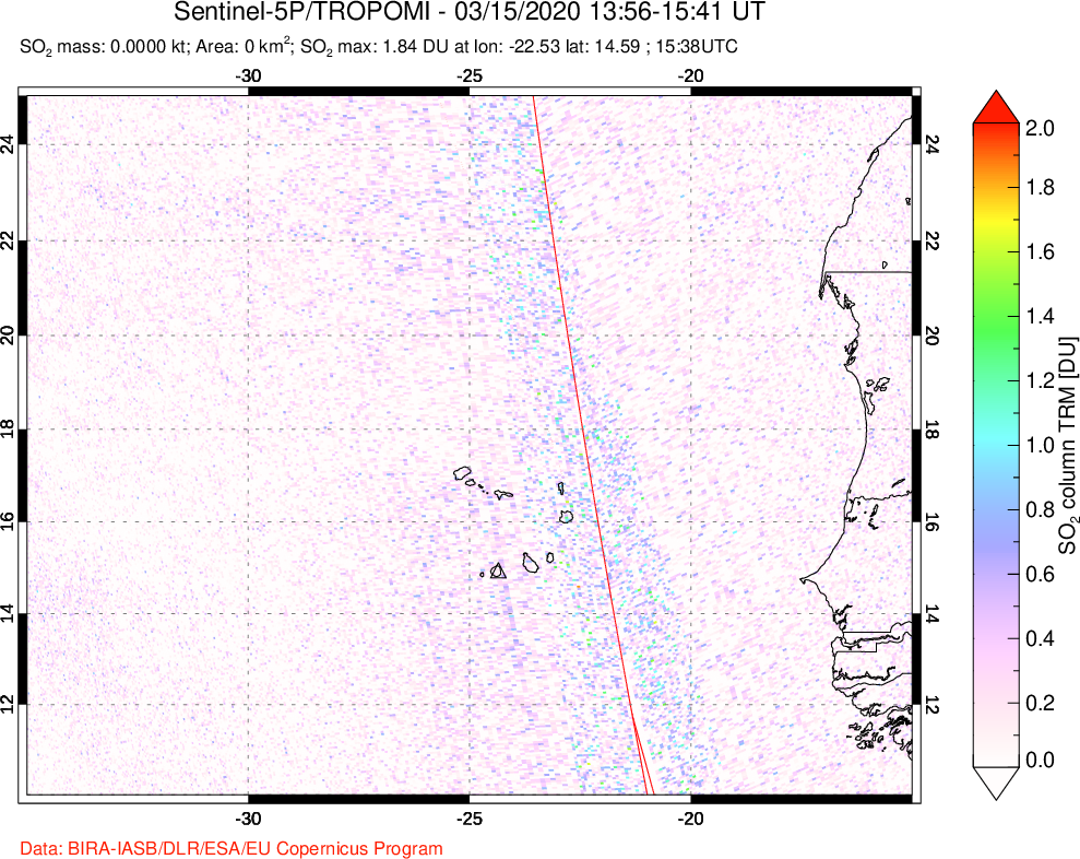 A sulfur dioxide image over Cape Verde Islands on Mar 15, 2020.