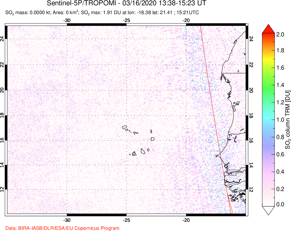 A sulfur dioxide image over Cape Verde Islands on Mar 16, 2020.
