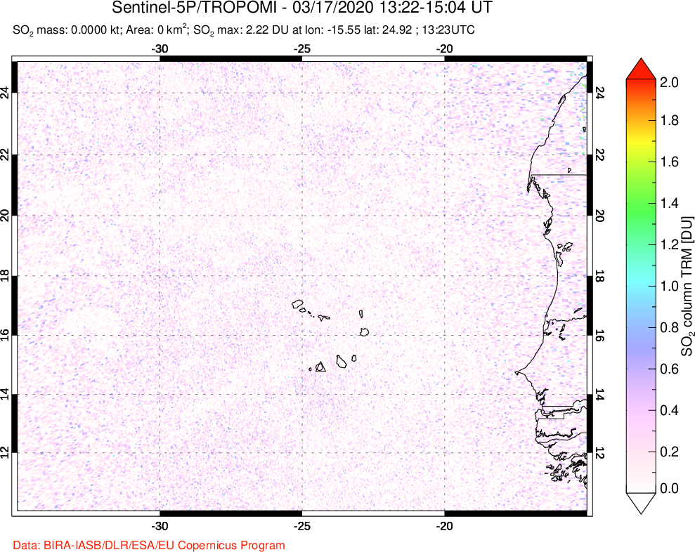 A sulfur dioxide image over Cape Verde Islands on Mar 17, 2020.
