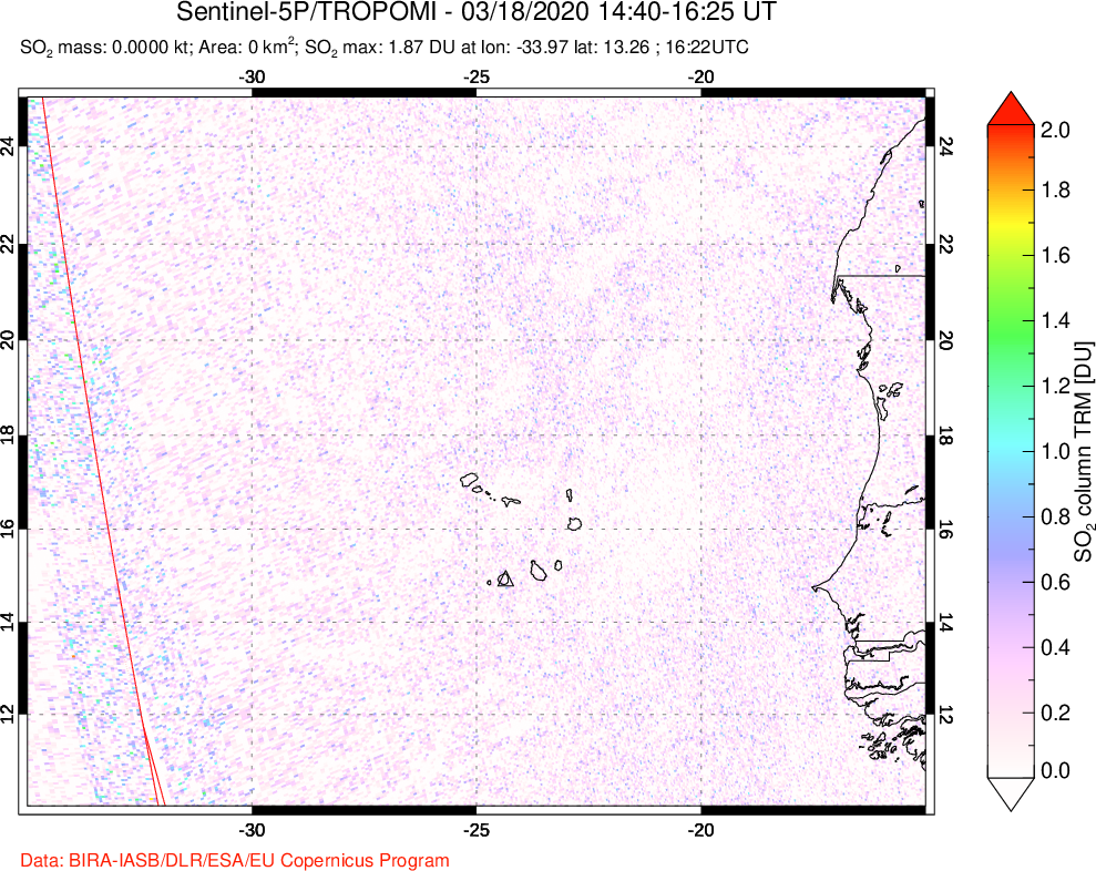 A sulfur dioxide image over Cape Verde Islands on Mar 18, 2020.