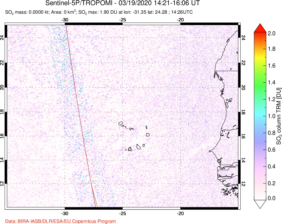 A sulfur dioxide image over Cape Verde Islands on Mar 19, 2020.