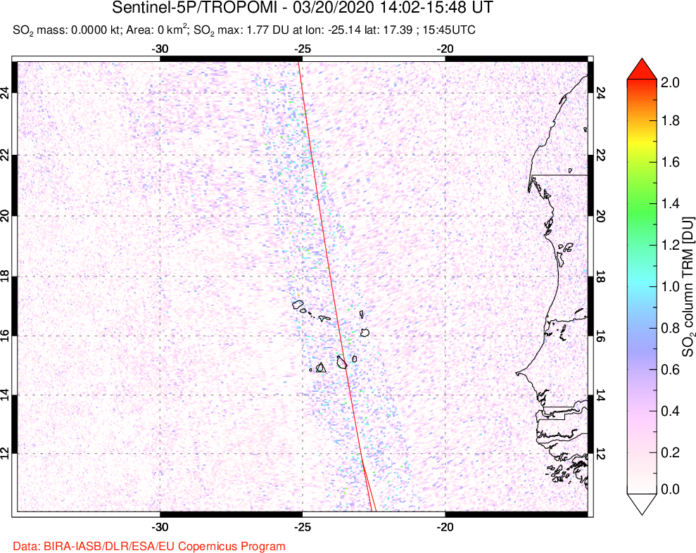 A sulfur dioxide image over Cape Verde Islands on Mar 20, 2020.