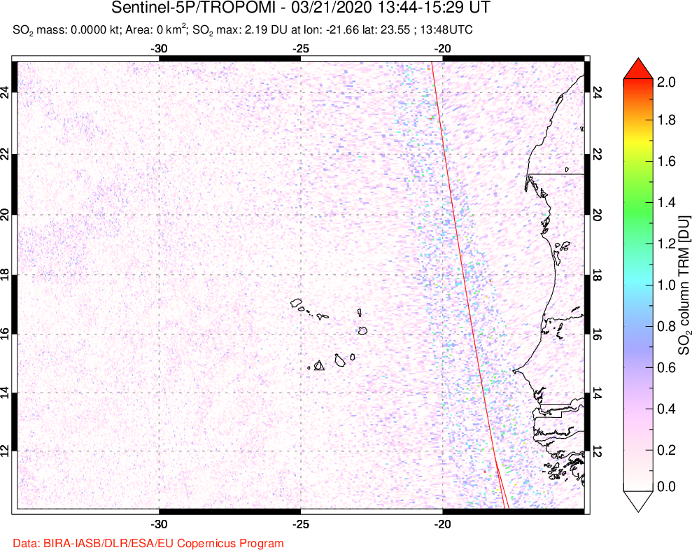 A sulfur dioxide image over Cape Verde Islands on Mar 21, 2020.
